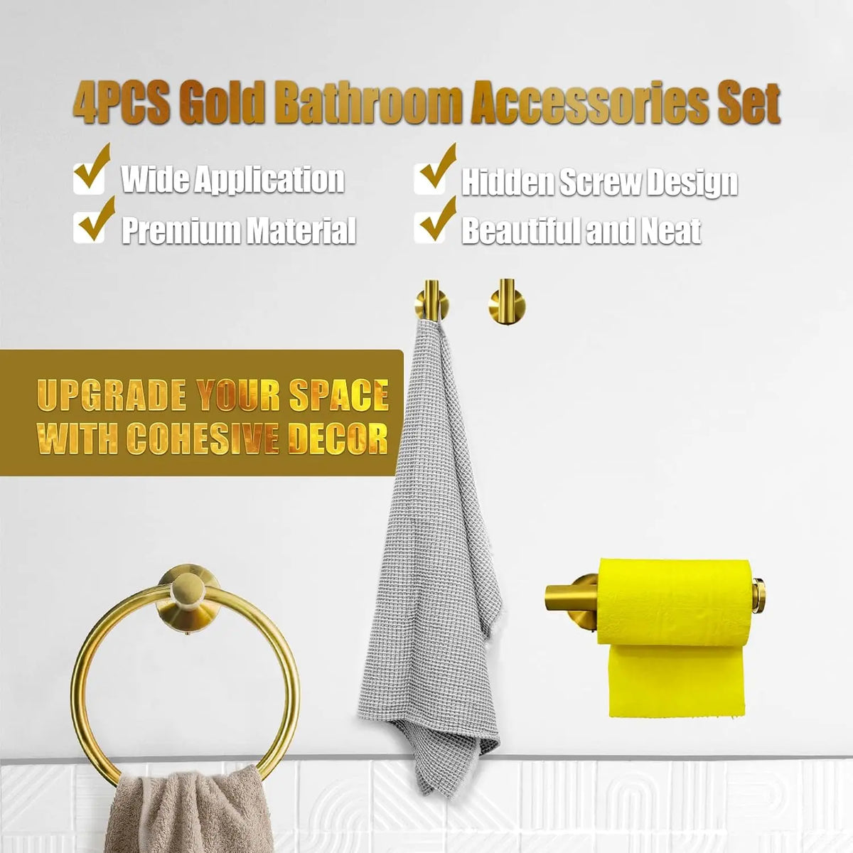 Modern Home Bathroom Hardware Set Stainless Steel Wall Mounted Brushed Gold-Includes Toilet Paper Holder Towel Ring Robe Hooks