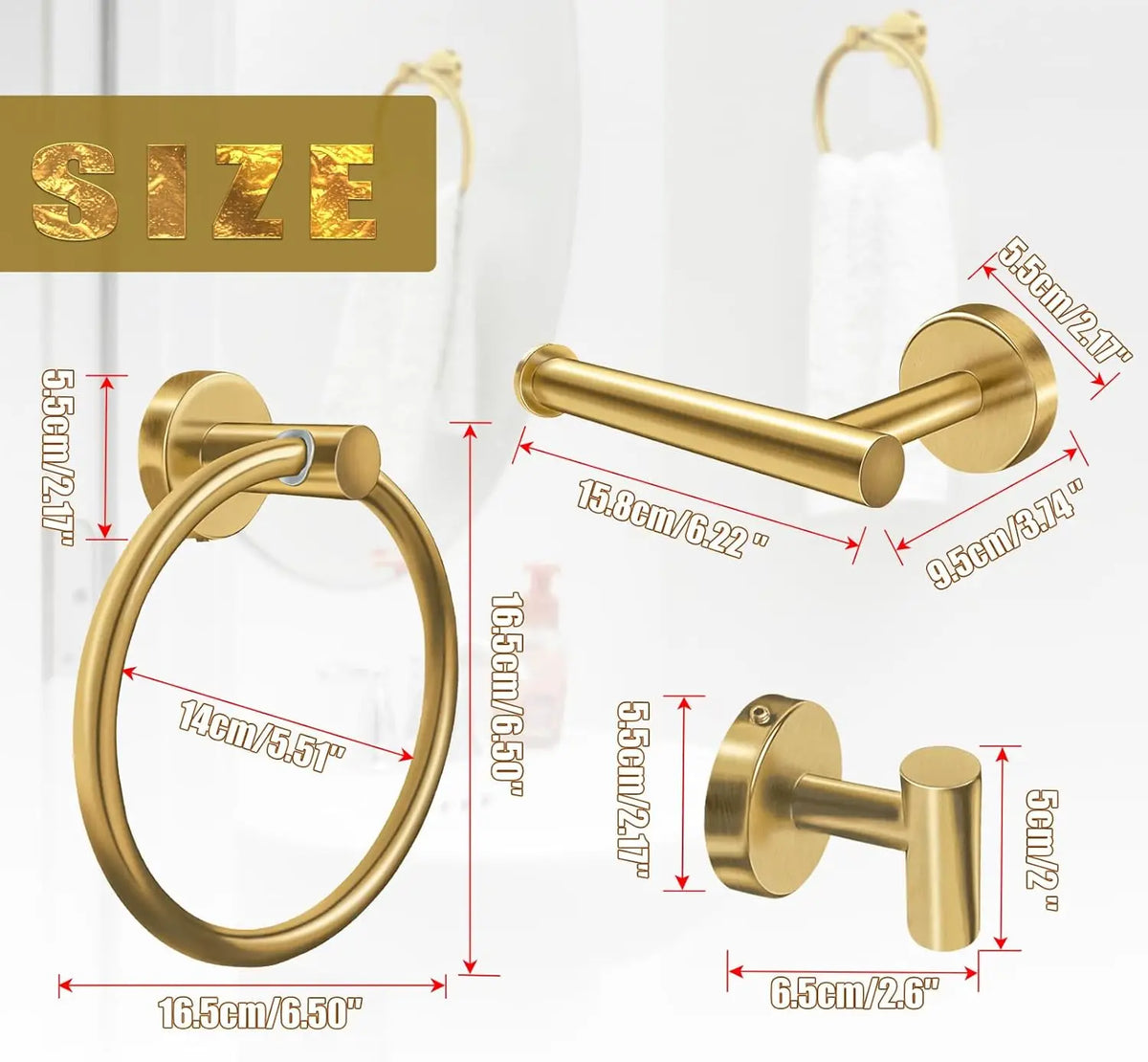 Modern Home Bathroom Hardware Set Stainless Steel Wall Mounted Brushed Gold-Includes Toilet Paper Holder Towel Ring Robe Hooks