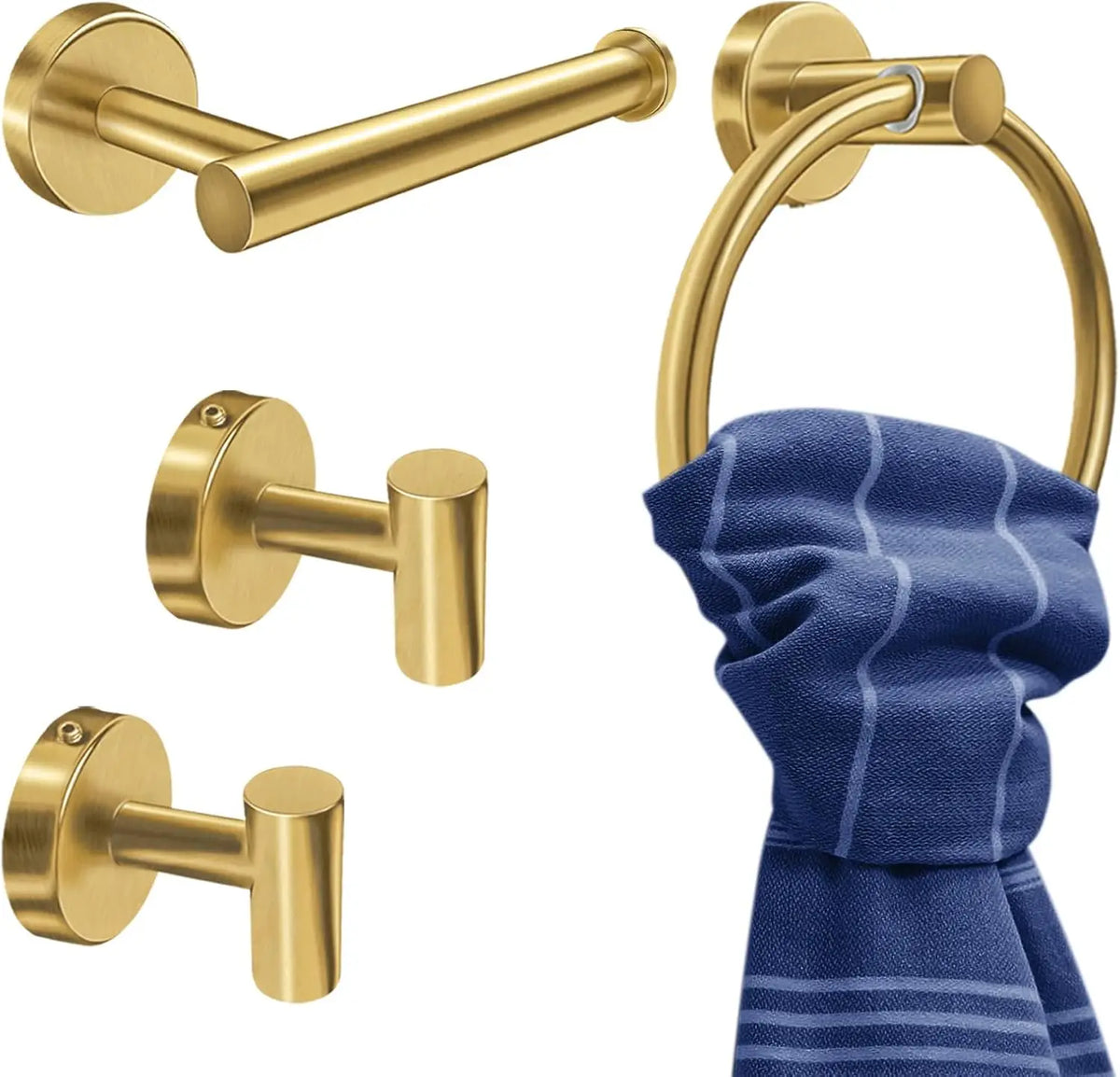 Modern Home Bathroom Hardware Set Stainless Steel Wall Mounted Brushed Gold-Includes Toilet Paper Holder Towel Ring Robe Hooks